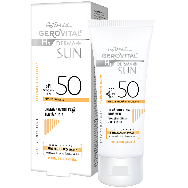 Crema pentru fata SPF 50 tenta aurie H3 Derma+ Sun, Gerovital | 50 ml